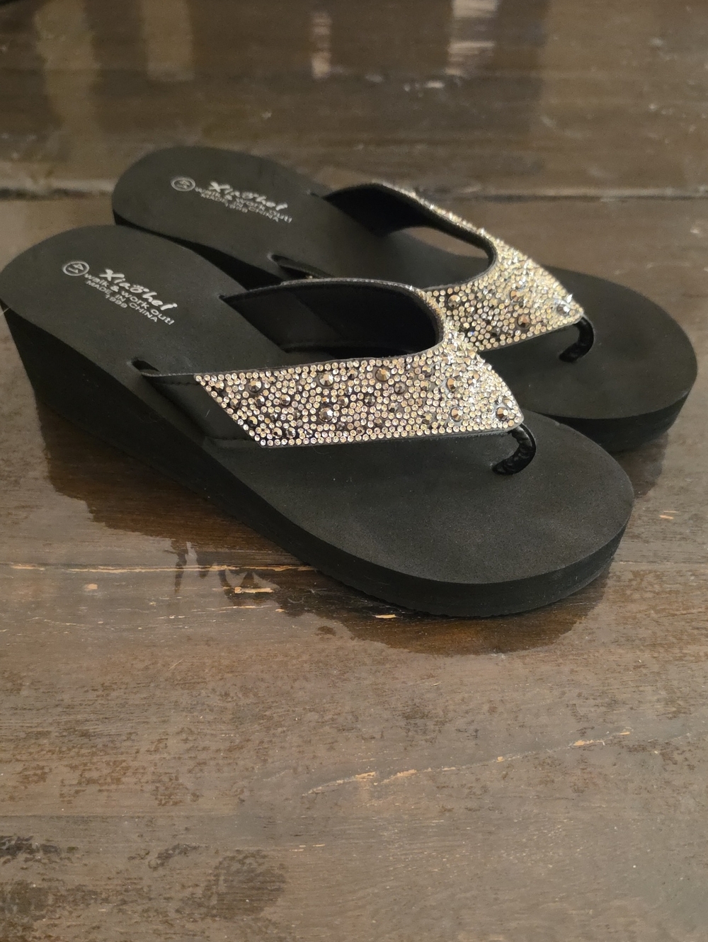 Embellished Black Wedge Foam Flip Flop Sandals Beach Wedding Vacation Bling Wow